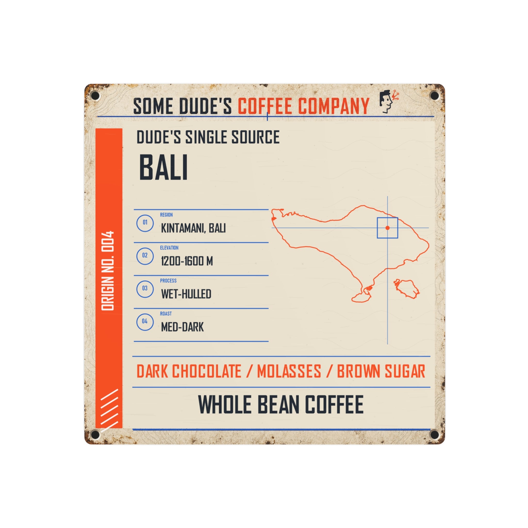 Dude's Single Source Bali No. 004 Vintage Metal Coffee Sign — 12×12