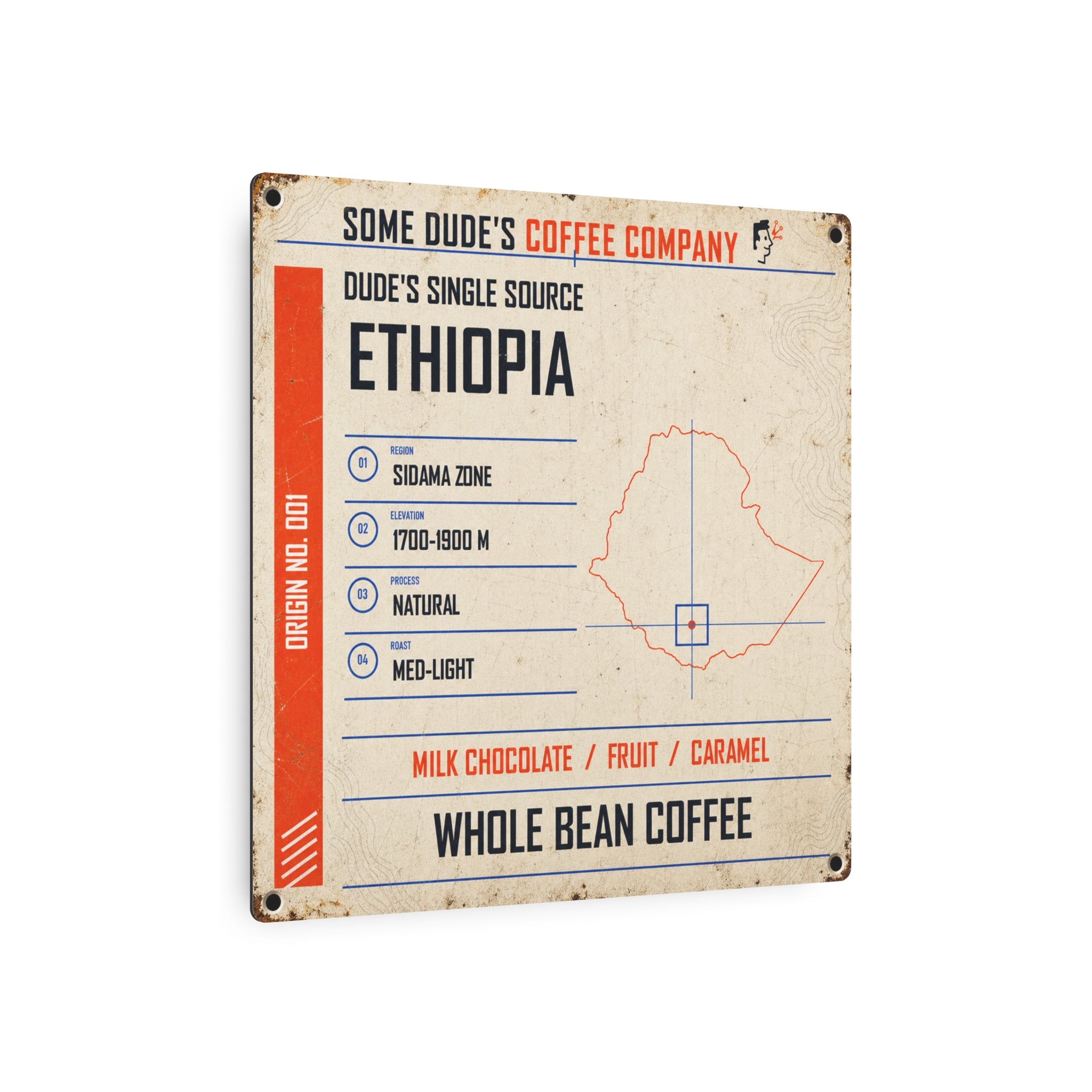 Dude's Single Source Ethiopia No. 001 Vintage Metal Coffee Sign — 12×12