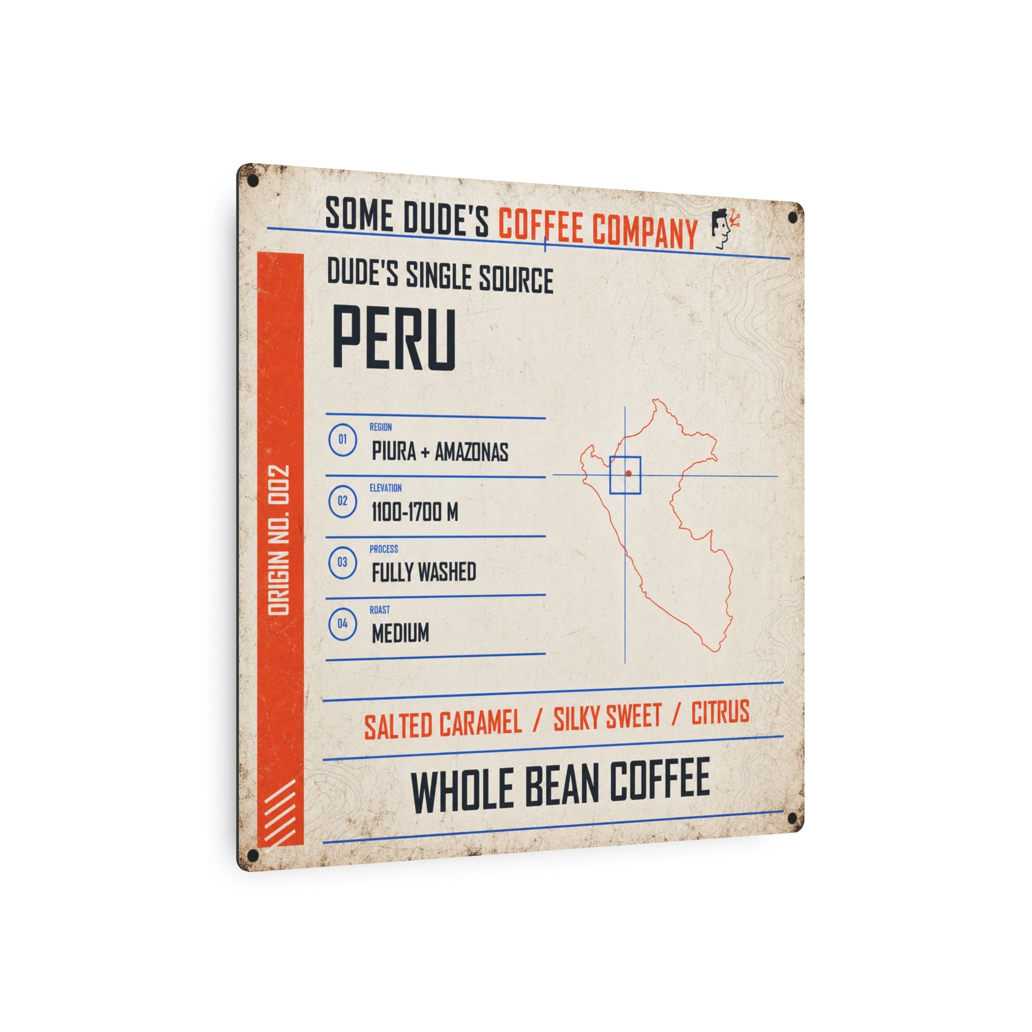 Dude's Single Source Peru No. 002 Vintage Metal Coffee Sign — 12×12